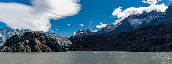 Scenic view of lake and mountains against sky