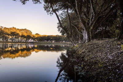 Scenic view of lake against sky at sunset