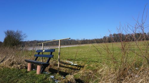 Scenic view of field against clear blue sky