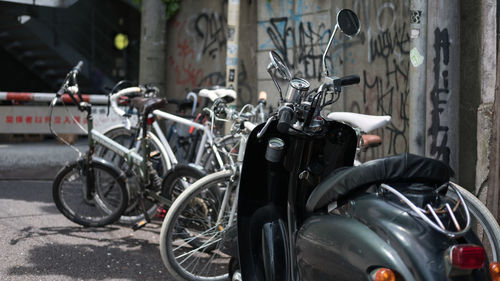 Bicycles parked at night