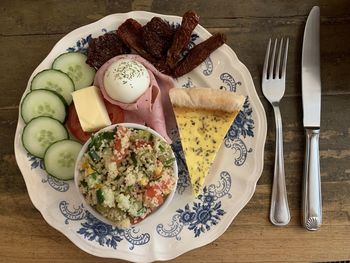 High angle view of breakfast served on table