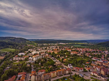 High angle shot of townscape against sky