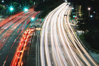 High angle view of light trails on city street