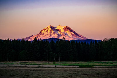 Scenic view of mountain against sky during sunset