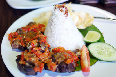 High angle view of seafood in plate on table