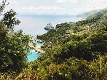 High angle view of sea and trees against sky