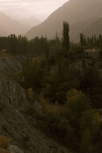 High angle view of trees and mountains against sky