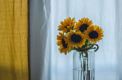 Close-up of yellow flower vase against curtain