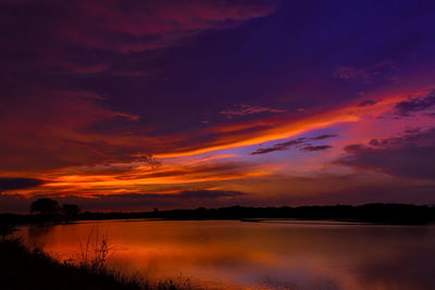 Scenic view of lake against orange sky