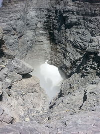 High angle view of rocks on a via ferrata. 