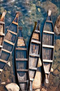 High angle view of boats moored at lake