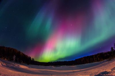 Scenic view of snowcapped landscape against sky at night