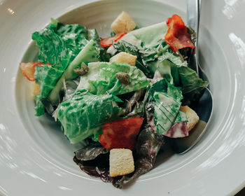 High angle view of food served in plate