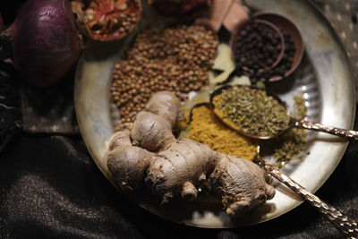 High angle view of spices in plate on table