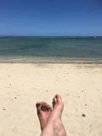 Low section of person on beach against clear sky