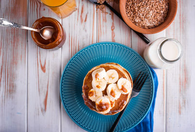 High angle view of breakfast served on table