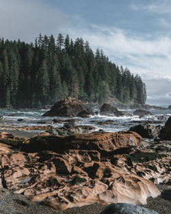 Scenic view of rocks in sea against sky