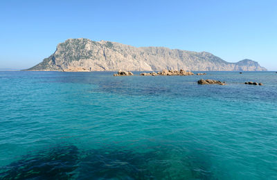 Scenic view of sea against clear blue sky