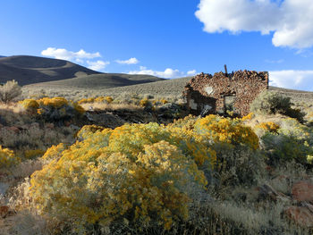 Scenic view of old ruins against cloudy sky