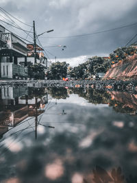 Reflection of buildings in city against sky