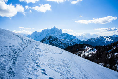 Scenic view of snowcapped mountains against sky