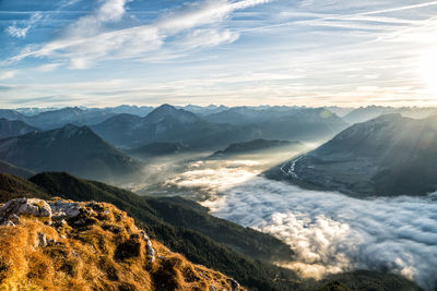 Scenic view of mountains against sky during sunset