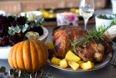 Close-up of food served on table