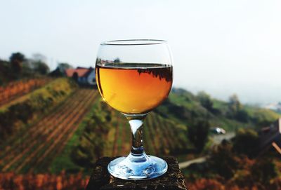 Close-up of beer in glass against sky