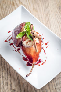High angle view of dessert in plate on table