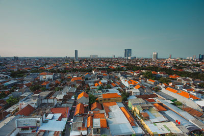 High angle view of cityscape against clear sky