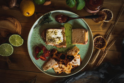 High angle view of food served in plate