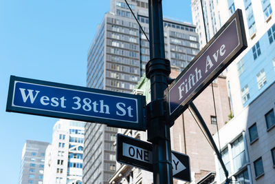 Low angle view of road sign against buildings