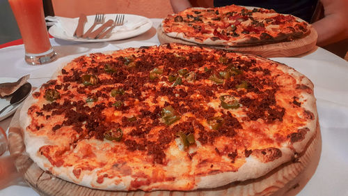 High angle view of pizza on table