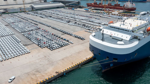 High angle view of ship moored at harbor