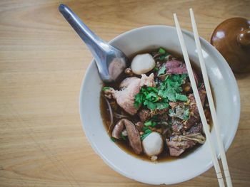 High angle view of soup in bowl on table