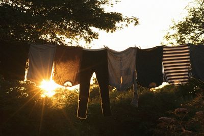 Clothes drying on field against sky