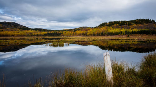 Yukon, canada - peaceful fall landscape with the sky reflection in the pond