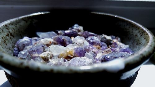 Close-up of mineral stones in bowl