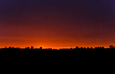 Silhouette trees on field against orange sky