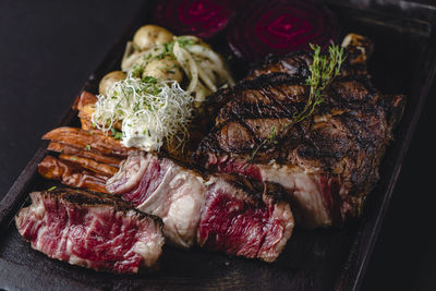 Close-up of meal served in tray