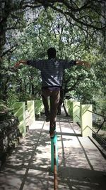 Full length rear view of man walking on tree