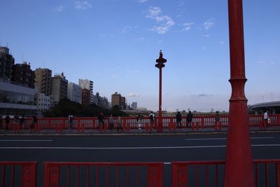 View of city buildings against clear sky