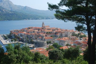 High angle view of town by sea