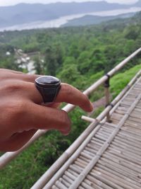 Midsection of person holding railing against trees