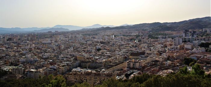 High angle view of townscape against sky during sunset