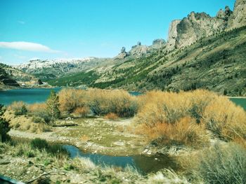 Scenic view of lake and mountains against sky