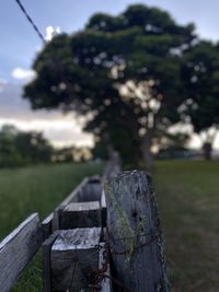 Close-up of wooden post on field