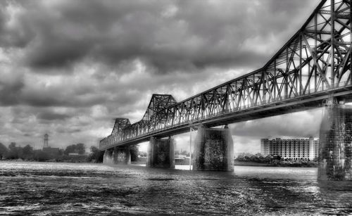 Low angle view of suspension bridge against cloudy sky