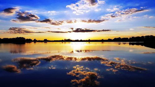 Scenic view of lake against sky at sunset