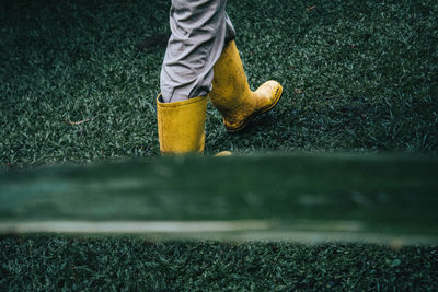 Low section of man walking on field